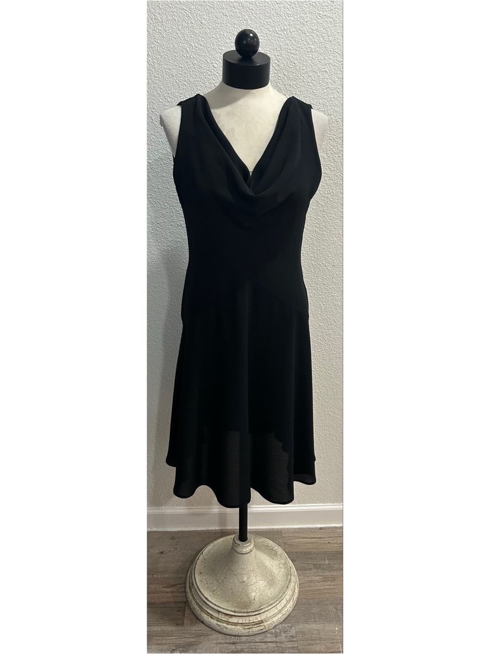 Vintage Saks Fifth Avenue Cowl Neck Dress Size 6 Black Flared Sheath Sleeveless